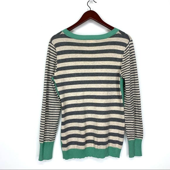 Olive & Oak Wide Striped Soft Preppy Fitted Scoop Neck Sweater Gray Cream Green - Picture 2 of 13